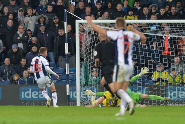 Harvey Barnes scores West Brom's third goal against Leeds United on Saturday.