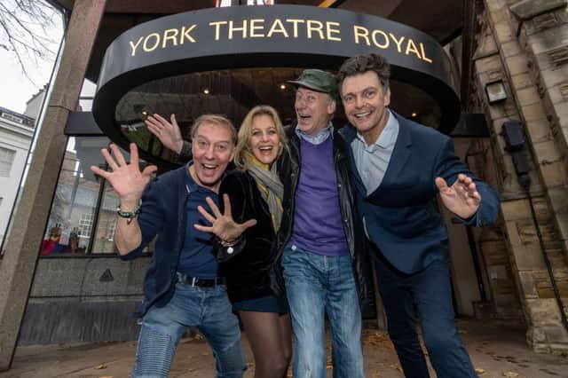 Berwick Kaler (centre), celebrating his 40th year as dame at York Theatre Royal, with cast members Martin Barrass, Suzy Cooper, and David Leonard. Picture by James Hardisty.
