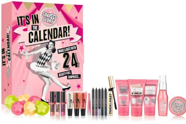 Soap & Glory It's In The Calendar: Filled with 24 days of soaprises (see what they did there?) featuring classic pampering favourites including Scrub of your Life, Hand Food, lip plumps, glosses, mascara, bath treats, balms and tweezers. All in handy sizes for out and about over the festive season. Add it all up and it would cost Â£54 but it's Â£40 at Boots.