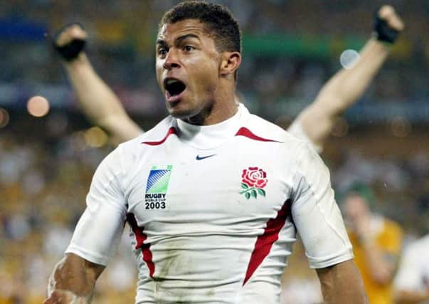 Jason Robinson celebrates his try for England against Australia during the Rugby World Cup Final at the Telstra Stadium, Sydney (Picture: David Davies)