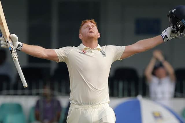 England's Jonny Bairstow celebrates scoring a century against Sri Lanka on day one of the third test in Colombo. Picture: AP/Eranga Jayawardena