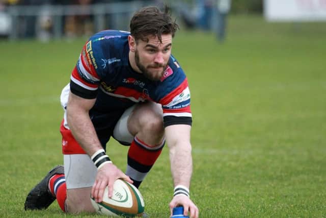 Action from Doncaster Knights v Jersey at Castle Park. Knights player Dougie Flockhart in action.
