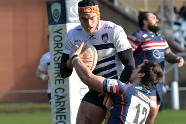 Chris Elder goes over for Yorkshire Carnegie's third try against Doncaster Knights.