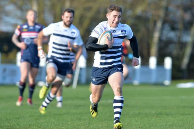 Harry Davey runs through for Yorkshire Carnegie's second try against Doncaster Knights.