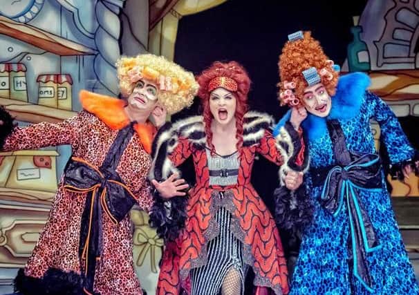 Chris Chilton as Gretchen Grimallova, Brandi-Himmelreich as Countess Grimallova, and Chris Hannon as Griselda Grimallova in Theatre Royal Wakefield's Cinderella. Picture: Robling Photography.