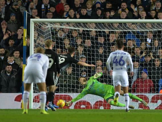 Leeds United goalkeeper Bailey Peacock-Farrell saves a late Reading penalty.