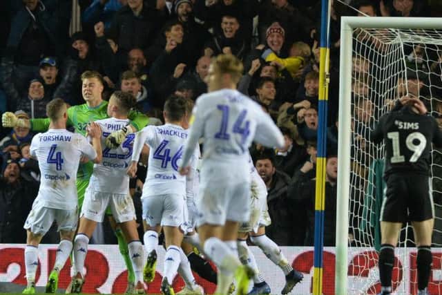 Leeds United goalkeeper Bailey Peacock-Farrell celebrates after saving a late penalty against Reading.