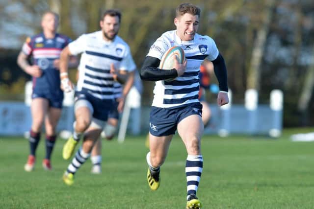 Harry Davey runs through for Yorkshire Carnegie's second try.
against Doncaster Knights last weekend.