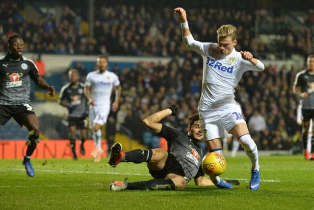 Gjanni Alioski goes down in an incident which saw him booked for diving. He was substituted by Marcelo Bielsa at half-time.