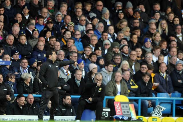 Marcelo Bielsa watches from his bucket with assistant Pablo Quiroga alongside him during Leeds United's win over Bristol City on Saturday.