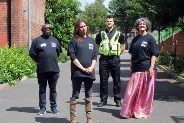 Leeds Lives not Knives. From left to right, Blacka Brown, a former offender, Sarah Lloyd, mother of Kieran Butterworth, 17, who was killed with a knife in 2013, PC Mark Rothery, and Kauser Jan asistants head teacher at Bankside Primary School, Harehills.
