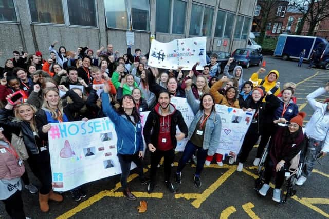 Hossein Ahmadi pictured with fellow Leeds City College students and #Hosseinmuststay campaigners during a protest walk.