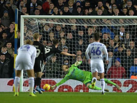 Leeds United's Bailey Peacock-Farrell saves a late penalty at Elland Road in the 1-0 victory over Reading.