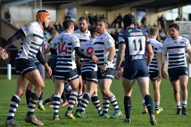 Carnegie celebrate Chris Elder's try against Doncaster last weekend.
