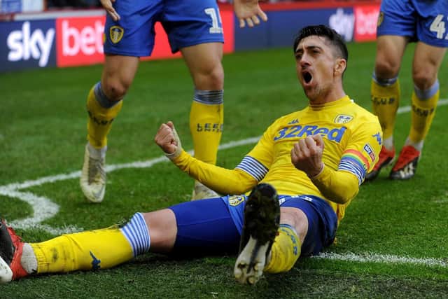 Leeds United's Pablo Hernandez celebrates with the visiting fans at Bramall Lane.
