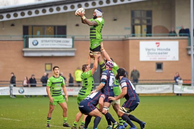 Carnegie's Will Britton in lineout action against Doncaster. PIC: Marie Caley