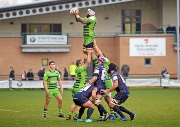 Carnegie's Will Britton in lineout action against Doncaster. PIC: Marie Caley