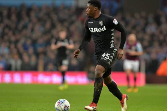 Leeds United striker Caleb Ekuban in action against Aston Villa.