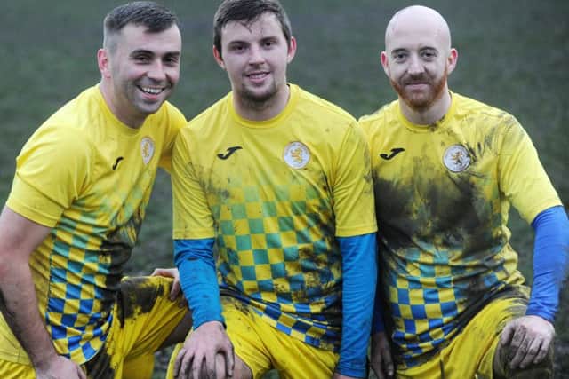 Beeston Juniors OB goalscorers in the 4-1 win over visitors Alwoodley Reserves, from left, Jordan Watts, Kevin Napier and Ryan Dawson (2). PIC: Steve Riding