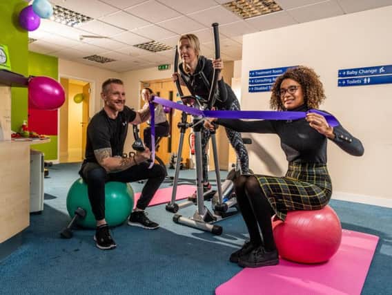 Pictured Simon Long, Ciara Kelly,  Nicola Marchant, Health Coach, and Dr Helen Lawal, try out the gym at The Light Surgery in Leeds