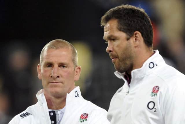 England coach Stuart Lancaster with backs coach Andy Farrell. Picture: AP.