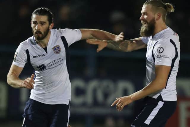 Guiseley's Alex Purver celebrates scoring against Fleetwood Town.