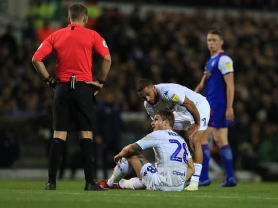 Leeds United's Gaetano Berardi injures his hamstring against Ipswich Town.