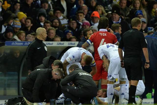 Leeds United's Luke Ayling picks up an injury against Nottingham Forest.