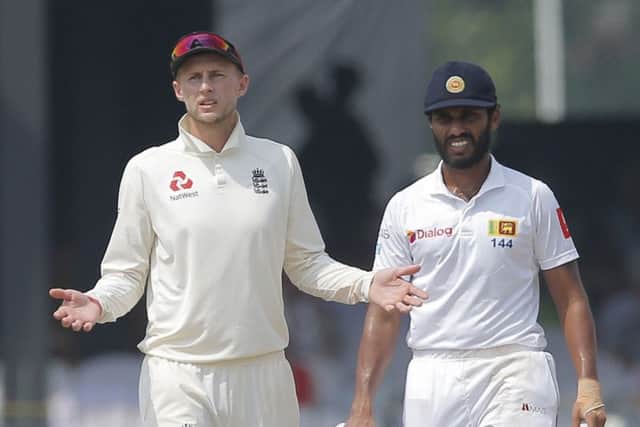NEW CHALLENGE: England TEst captain Joe Root gestures to the umpire during the third Test against Sri Lanka in Colombo last month. Picture: AP/Eranga Jayawardena.