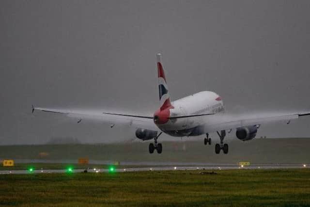 A British Airways flight from Southampton lands in difficult conditions at Leeds Bradford Airport (pic: Charlotte Graham)
