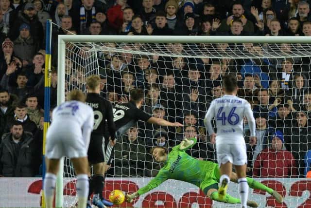 Leeds United goalkeeper Bailey Peacock-Farrell saves a late Reading penalty last month.
