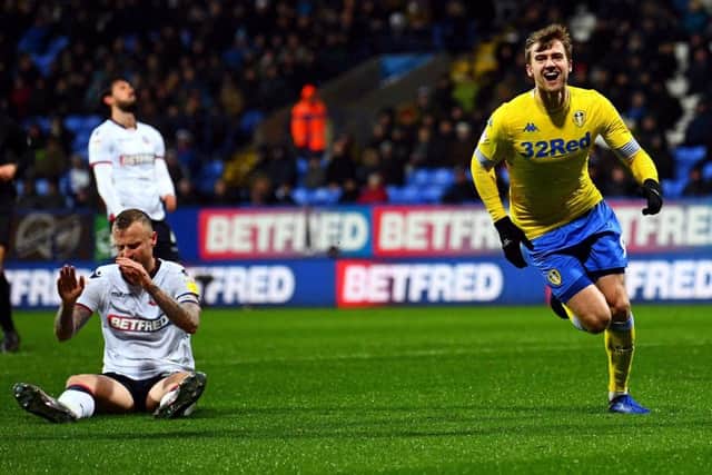 Patrick Bamford celebrates scoring the winning goal at Bolton - with his first touch. PIC: Jonathan Gawthorpe
