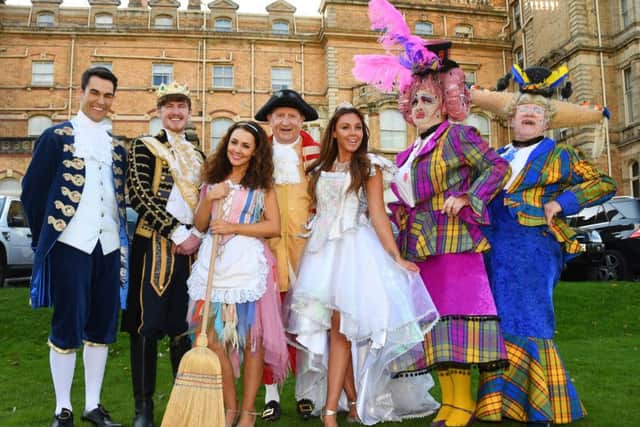 Grand Opera House York Panto 2018 Cinderella And The Lost Slipper. Pictured from the left are Danny Rogers as Dandini, Jack McGill as The Prince, Amy Thompson as Cinderella, John D Collins as The Baron, Michelle Heaton as The Fairy Godmother, Steve Wickenden as Calpol and Ken Morley as Covonia. Picture by David Harrison.