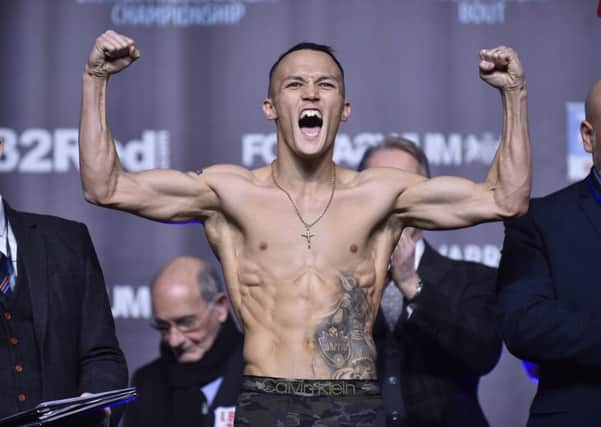 Josh Warrington pictured during today's weigh in ahead of his IBF featherweight title fight with Carl Frampton tomorrow. Picture: Steve Riding.