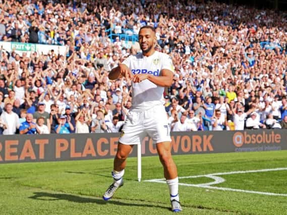 FAMILIAR SIGHT: Kemar Roofe celebrates his strike in the 2-0 win at home to Rotherham United, one of his ten goals for Leeds United this term.