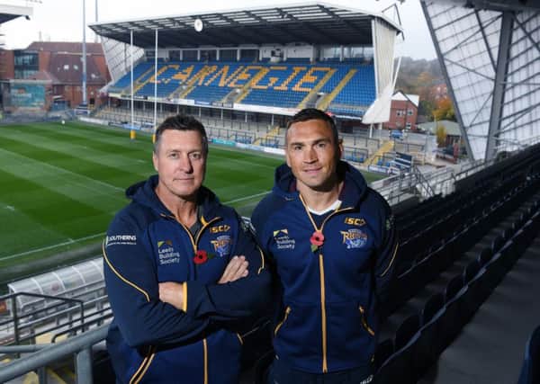 David Furner and Kevin Sinfield in the South Stand at Headingley.