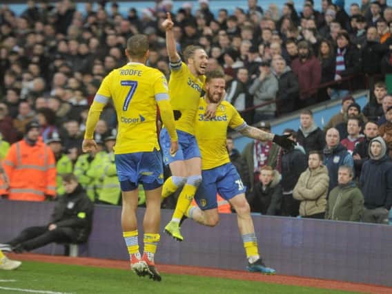 Leeds United's Pontus Jansson celebrates at Villa Park following his goal.