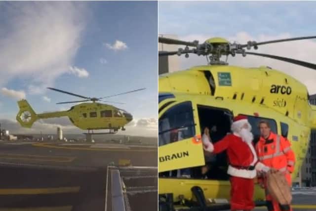 Father Christmas aka Santa Claus lands on the roof of Leeds General Infirmary. Photos & Video: Yorkshire Ambulance Service/Twitter