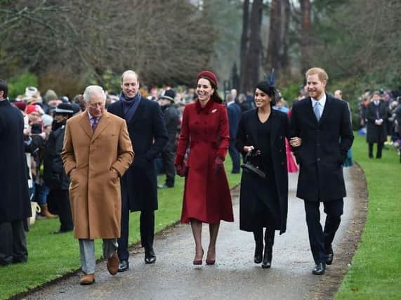The Prince of Wales, the Duke of Cambridge, the Duchess of Cambridge, the Duchess of Sussex and the Duke of Sussex arriving to attend the Christmas Day morning church service at St Mary Magdalene Church in Sandringham, Norfolk. Picture: Joe Giddens/PA Wire