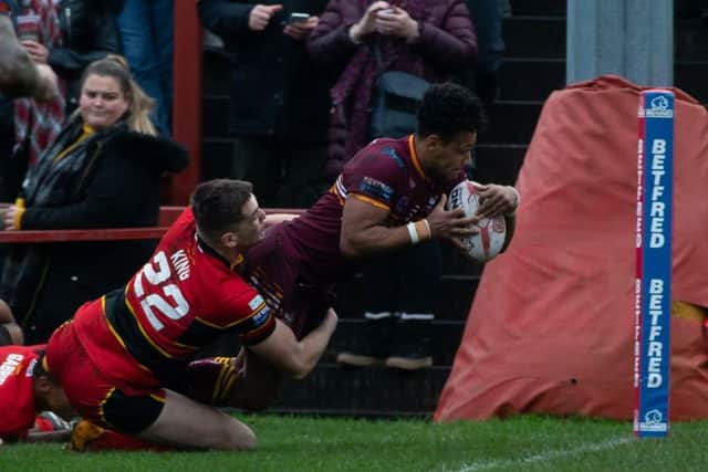 Johnny Campbell touches down in the corner for Batley Bulldogs against Dewsbury Rams.