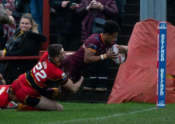 Johnny Campbell touches down in the corner for Batley Bulldogs against Dewsbury Rams.