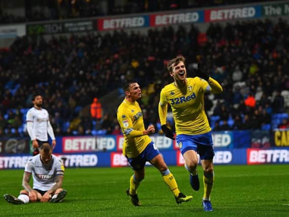 Leeds United striker Patrick Bamford celebrates his goal in a 1-0 win over Bolton Wanderers.
