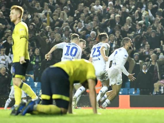 Leeds United striker Kemar Roofe celebrates after bagging the winner against Blackburn Rovers.