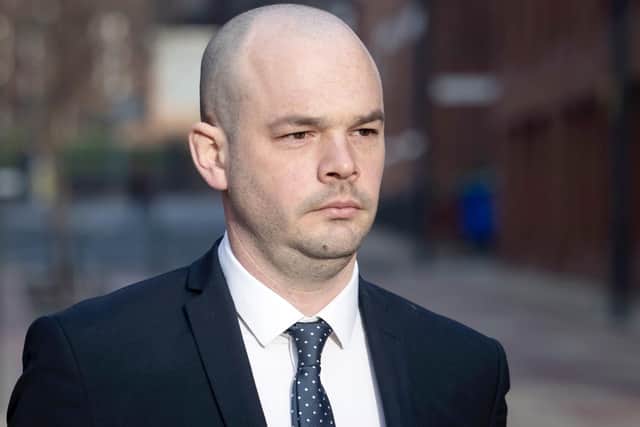 South Yorkshire Police constable Liam Stewart, 33, leaves Leeds Crown Court where he pleaded not guilty to one charge of assault occasioning actual bodily harm on 18-year-old Louis McAndrew in the Hillsborough area of Sheffield on August 8 2017. PIC: Danny Lawson/PA Wire