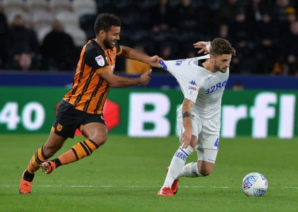 WE MEET AGAIN: Hull City's Kevin Stewart batles with Leeds' Mateusz Klich when the teams met at the KCOM Stadium back in October.
 Picture: Bruce Rollinson