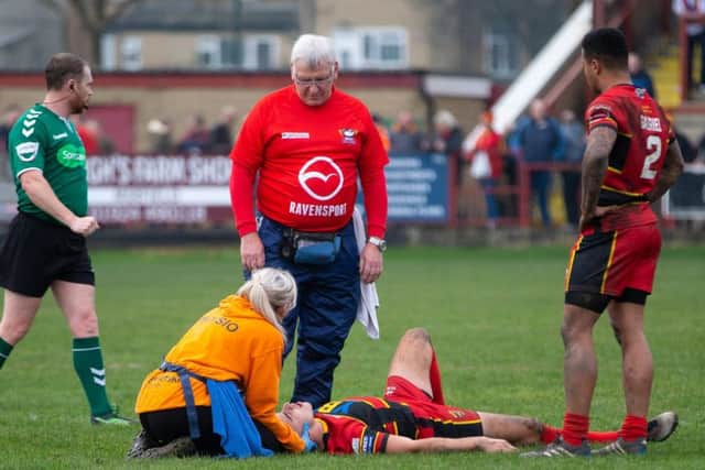 Dewsbury's Lewis Heckford is to have the extent of his neck injury assessed in the coming days says boss Lee Greenwood. PIC: Bruce Fitzgerald