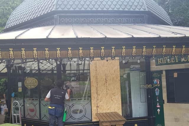 Repairing the damage at Magnesia Well cafe in Harrogates Valley Gardens in August of  this year.