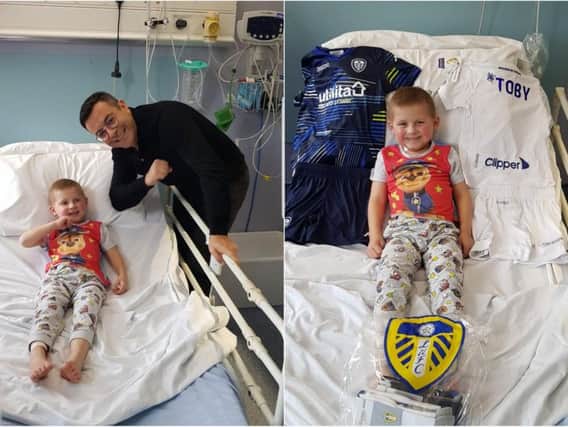 Toby Nye is battling a stage four neuroblastoma brain tumour. Here he is being visited in hospital by Leeds United chairman Andrea Radrizzani in 2018
