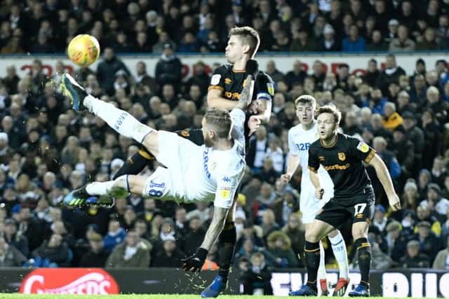 Leeds United's Pontus Jansson attempts an effort on goal against Hull City at Elland Road.