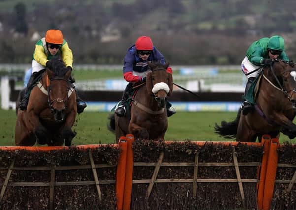 Midnight Shadow (left) takes up the running in Cheltmeham's Relkeel Hurdle from Old Guard, centre, and Wholestone, right.